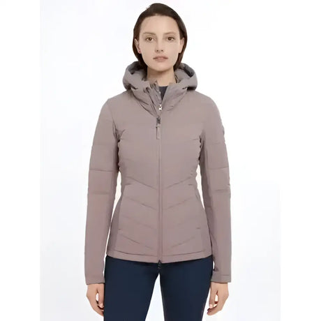 Taupe quilted lemieux pecan brioney hybrid jacket with matching lined hood panel and front zipper closure