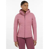 A soft pink lemieux brioney hybrid jacket with quilting, a hood, full zipper, and subtle stitching details
