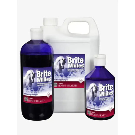 Lemieux brite white blue plastic bottles of brite white shampoo for horses with white horse image and red branding