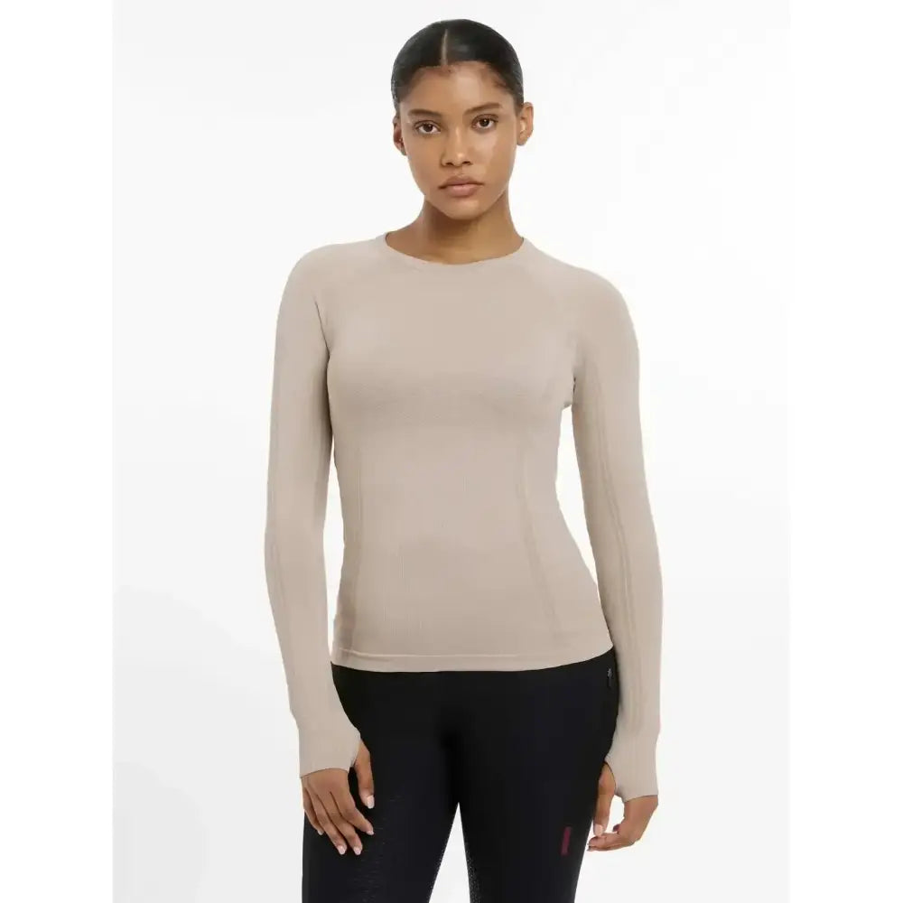Beige lemieux britney seamless long sleeve top with round neckline and fitted seamless construction