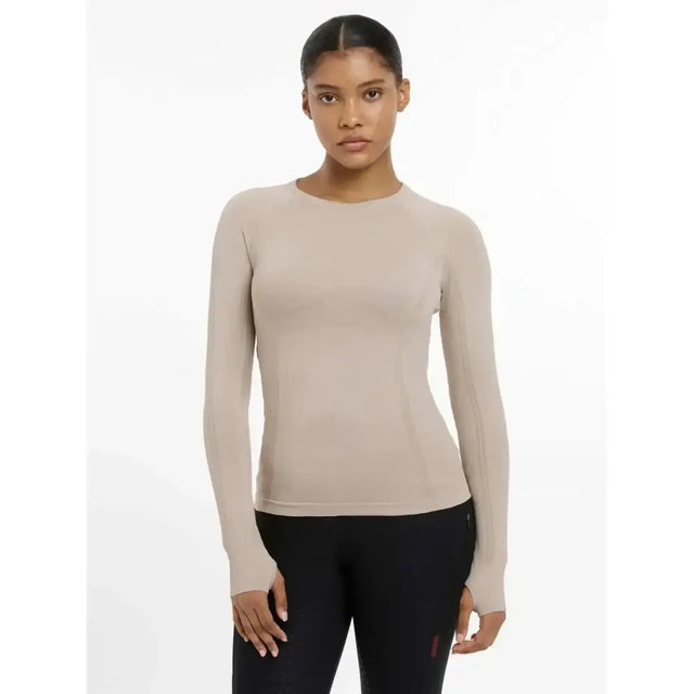Beige lemieux britney seamless long sleeve top with round neckline and fitted seamless construction