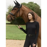 Black lemieux britney seamless long sleeve riding top with fitted silhouette and silver tone belt buckle
