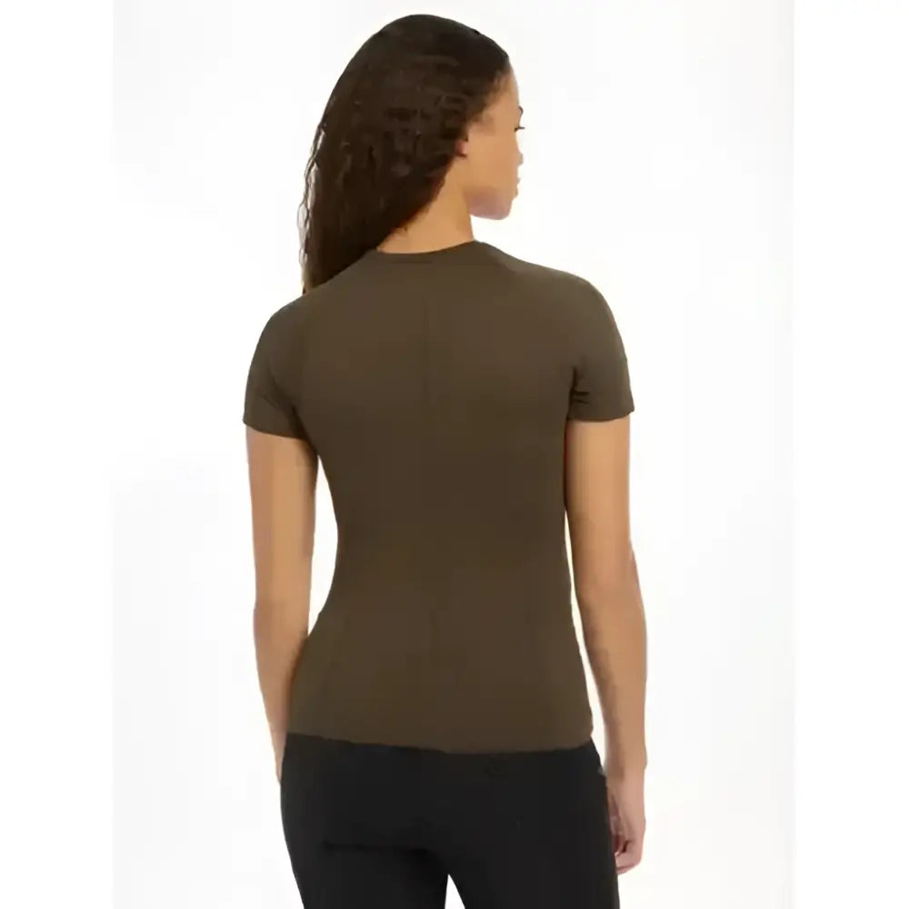 Olive green lemieux britney seamless short sleeve fitted top made from breathable fabric for active wear