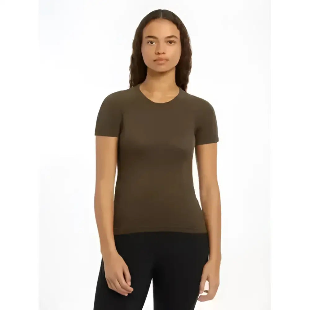 Olive green lemieux britney seamless short fitted sleeve top perfect for active wear and layering