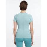 Aqua lemieux britney seamless short sleeve athletic top shown from the back with a rounded neckline and central seam