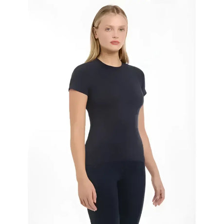Navy blue lemieux britney seamless short sleeve top made from breathable material with a fitted design