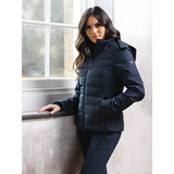 Woman in Lemieux Brooke Waterproof Hybrid Jacket Navy featuring a stylish dark blue design