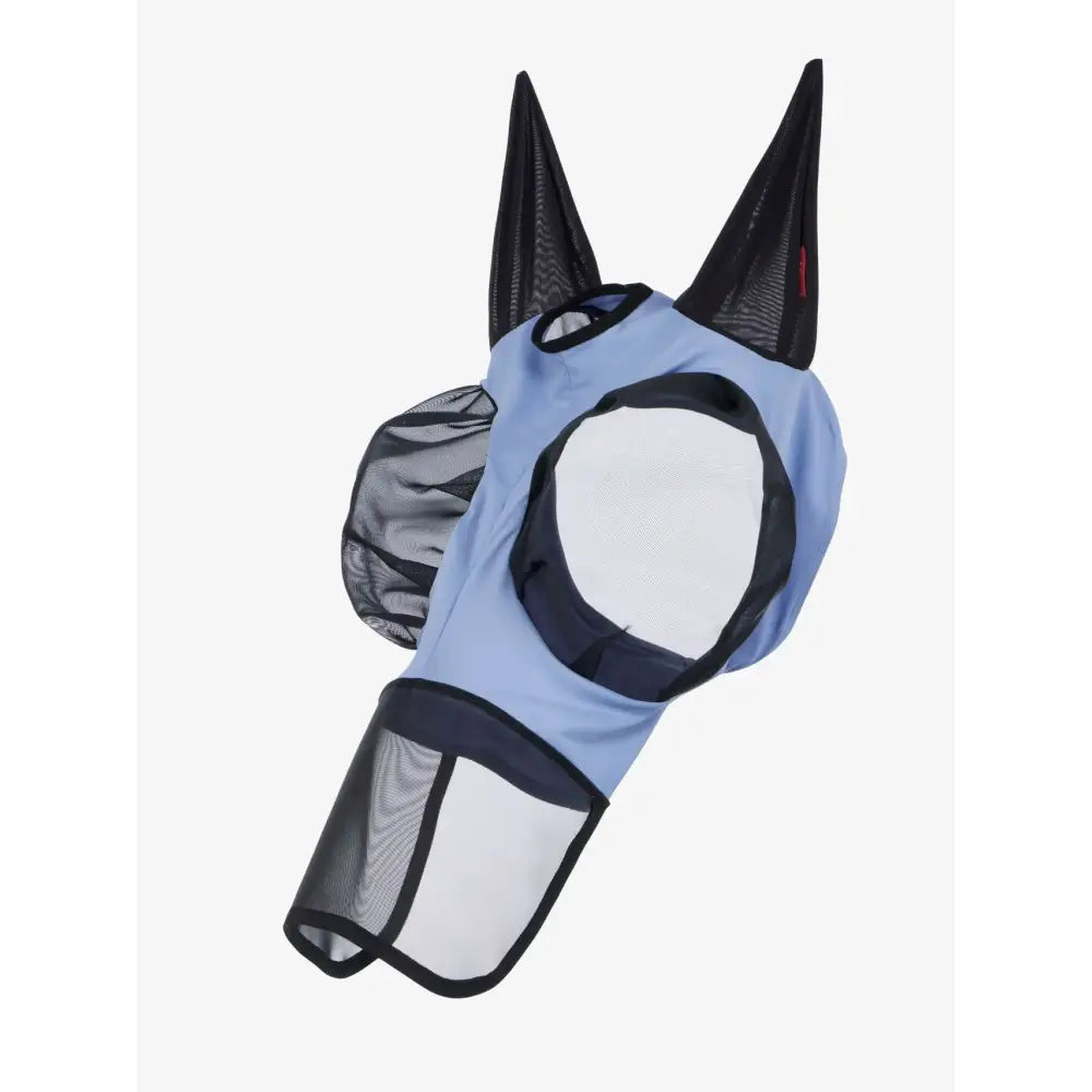 Lemieux bug relief full fly mask powder blue with four-way stretch fabric black mesh ear covers and trim