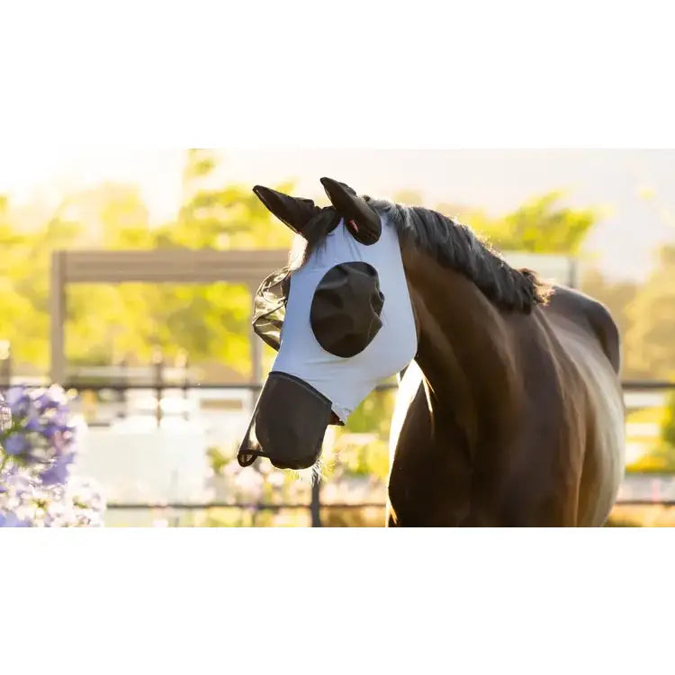 Lemieux bug relief fly mask powder blue with four-way stretch fabric and black mesh netting for horse protection