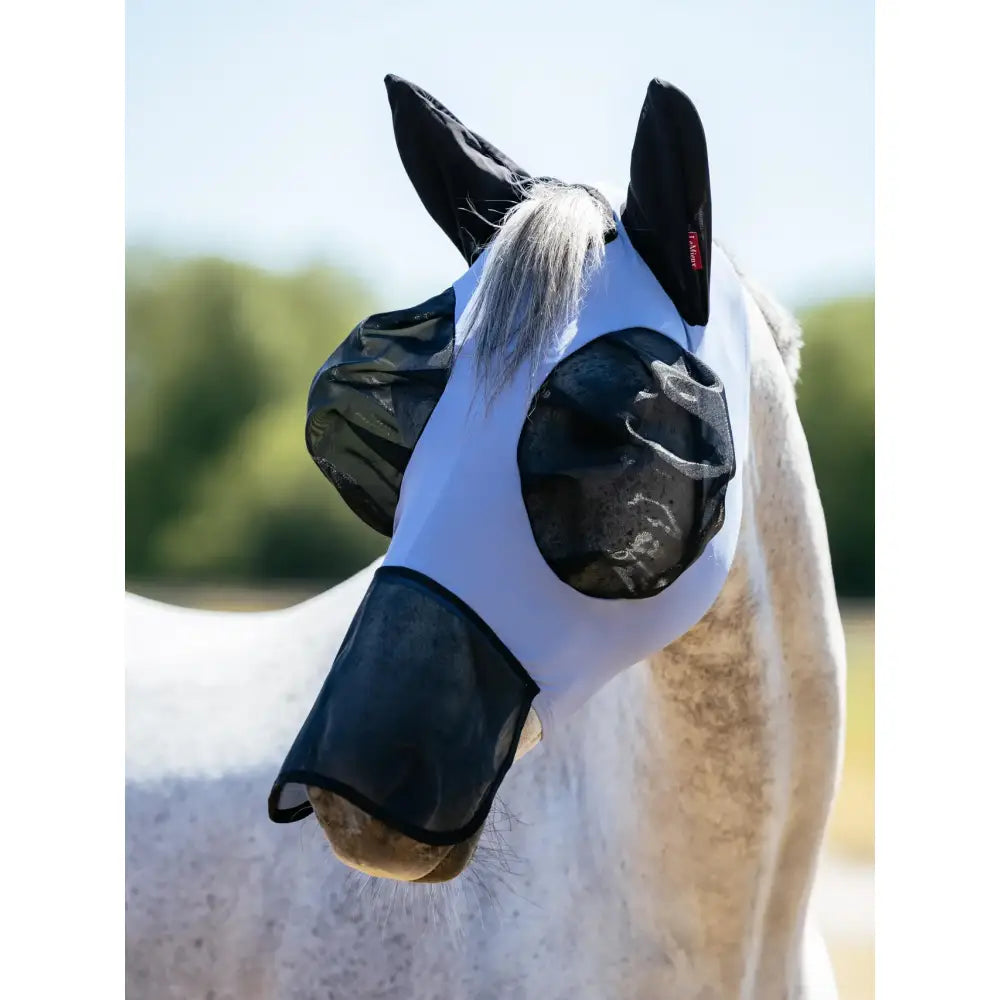 White and black lemieux bug relief fly mask powder blue with mesh eye covers and four-way stretch fabric for horse protection