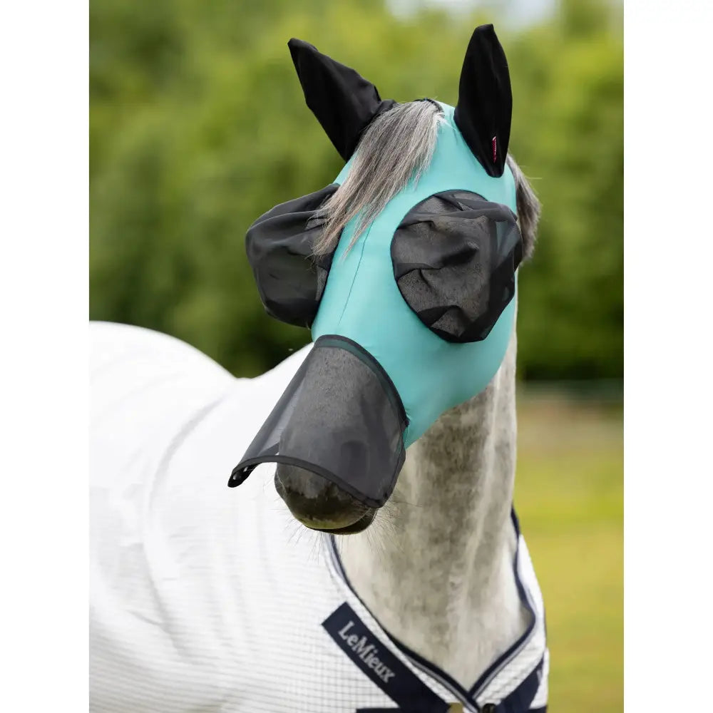 Teal and black lemieux bug relief full mask with soft fabric and mesh eye and nose openings for comfort