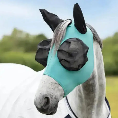 Teal lemieux bug relief half mask lagoon with black padded eye and ear covers for bug relief and fly protection