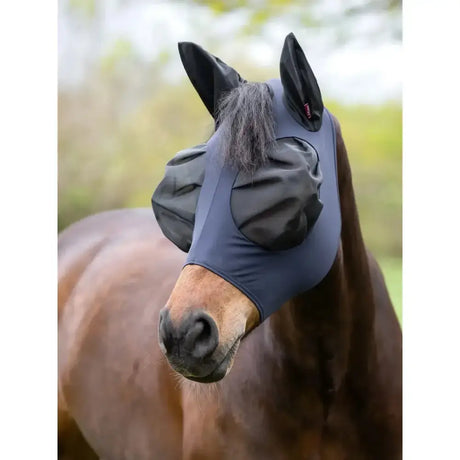 Navy blue lemieux bug relief half mask with black mesh eyes and elasticated ear flaps for fly protection