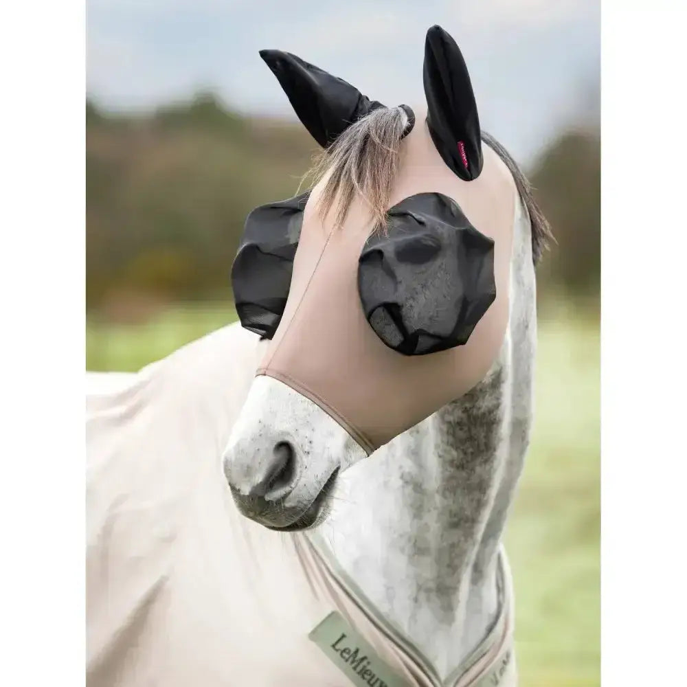 Lemieux bug relief half mask walnut in black and beige with adjustable ear covers and nose protection for bug relief