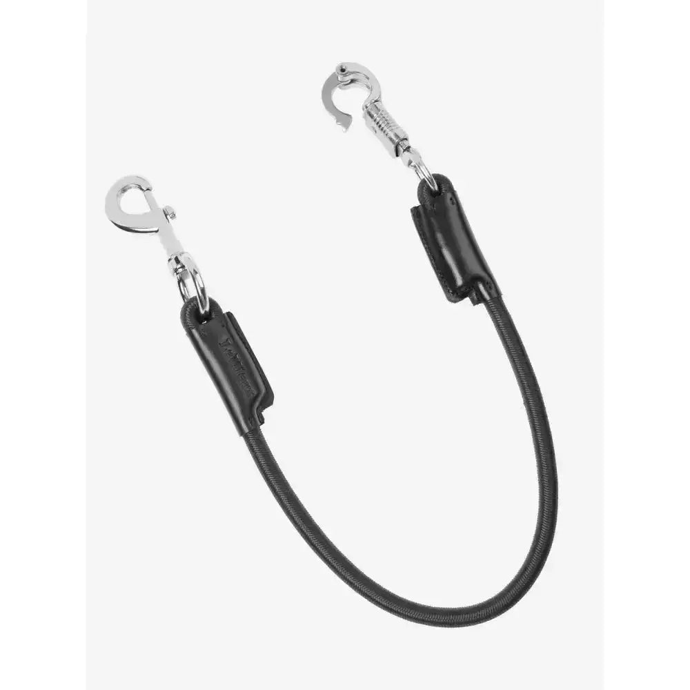 Black elastic dog leash with silver metal hooks and leather reinforcements in lemieux bungee tie up black design