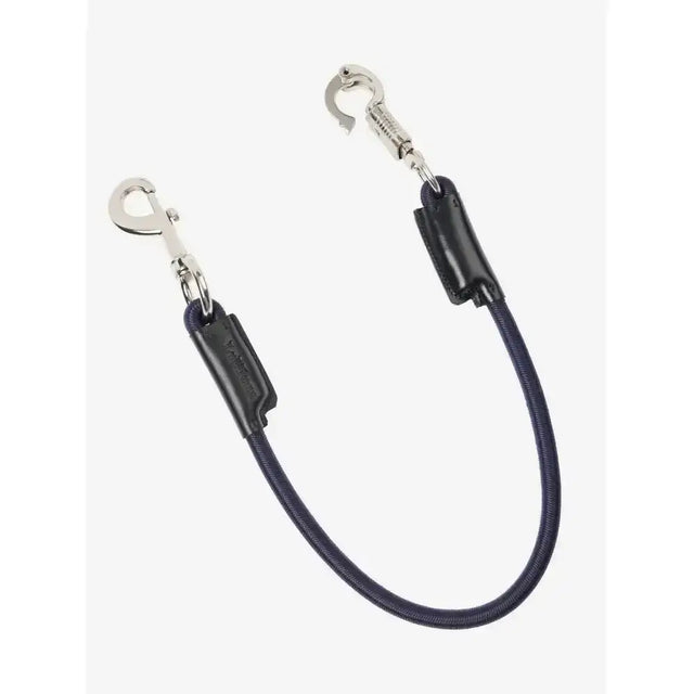Black elastic lemieux bungee tie dog leash with silver clasps and black leather reinforcements in navy style