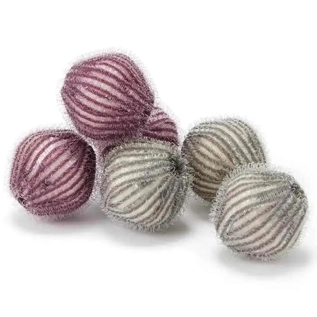 Purple and silver striped fuzzy lemieux cactus wash balls designed to release stubborn stains during cleaning