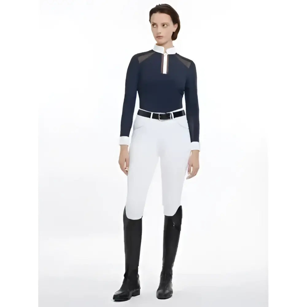 Black long sleeve lemieux camille long sleeve show shirt navy with white collar and mesh panels for riding