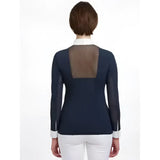 Back view of lemieux camille long sleeve navy blouse with brown mesh panel and white cuffs for show riding