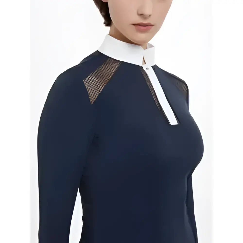 Navy lemieux camille long sleeve equestrian shirt with white collar and mesh panels for riding comfort