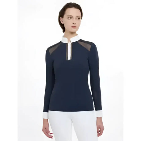 Navy blue lemieux camille long sleeve equestrian shirt with white collar cuffs zipper and mesh shoulder panels
