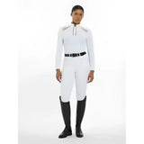 White lemieux camille long sleeve equestrian shirt with gray panels and black belt perfect for riding shows