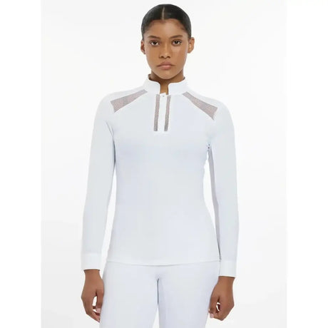 White lemieux camille long sleeve shirt with silver geometric shoulder panels and zipper detail at high collar
