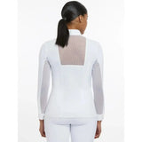 Back view of lemieux camille long sleeve white shirt with mesh panel and sheer sleeves perfect for showing