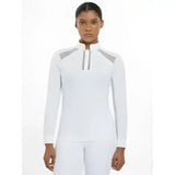 Lemieux camille long sleeve white athletic top with breathable lace mesh cut outs and silver zipper for performance competition