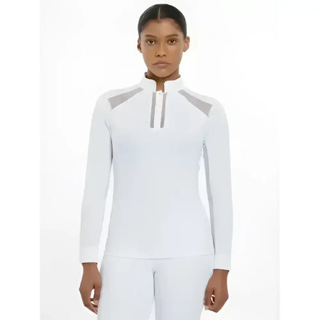 Lemieux camille long sleeve white athletic top with breathable lace mesh cut outs and silver zipper for performance competition