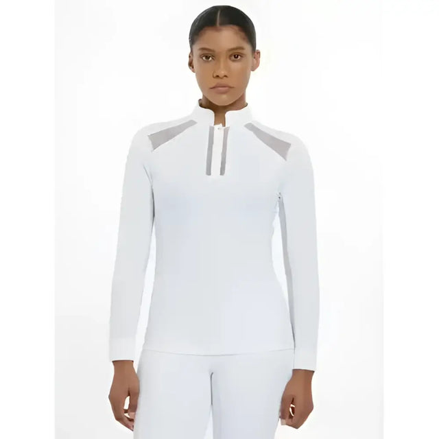 Lemieux camille long sleeve white athletic top with breathable lace mesh cut outs and silver zipper for performance competition