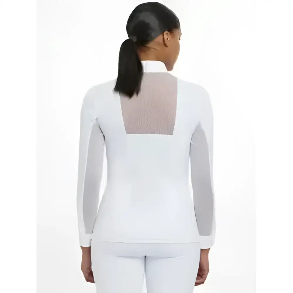 Back view of lemieux camille long sleeve show shirt white with breathable lace mesh cut outs and gray sleeve accents