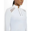 White lemieux camille long sleeve athletic shirt with silver mesh panels and zipper accents for active wear
