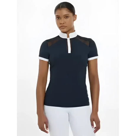 Navy lemieux camille short sleeve athletic polo shirt with white collar and breathable lace mesh cut outs on shoulders