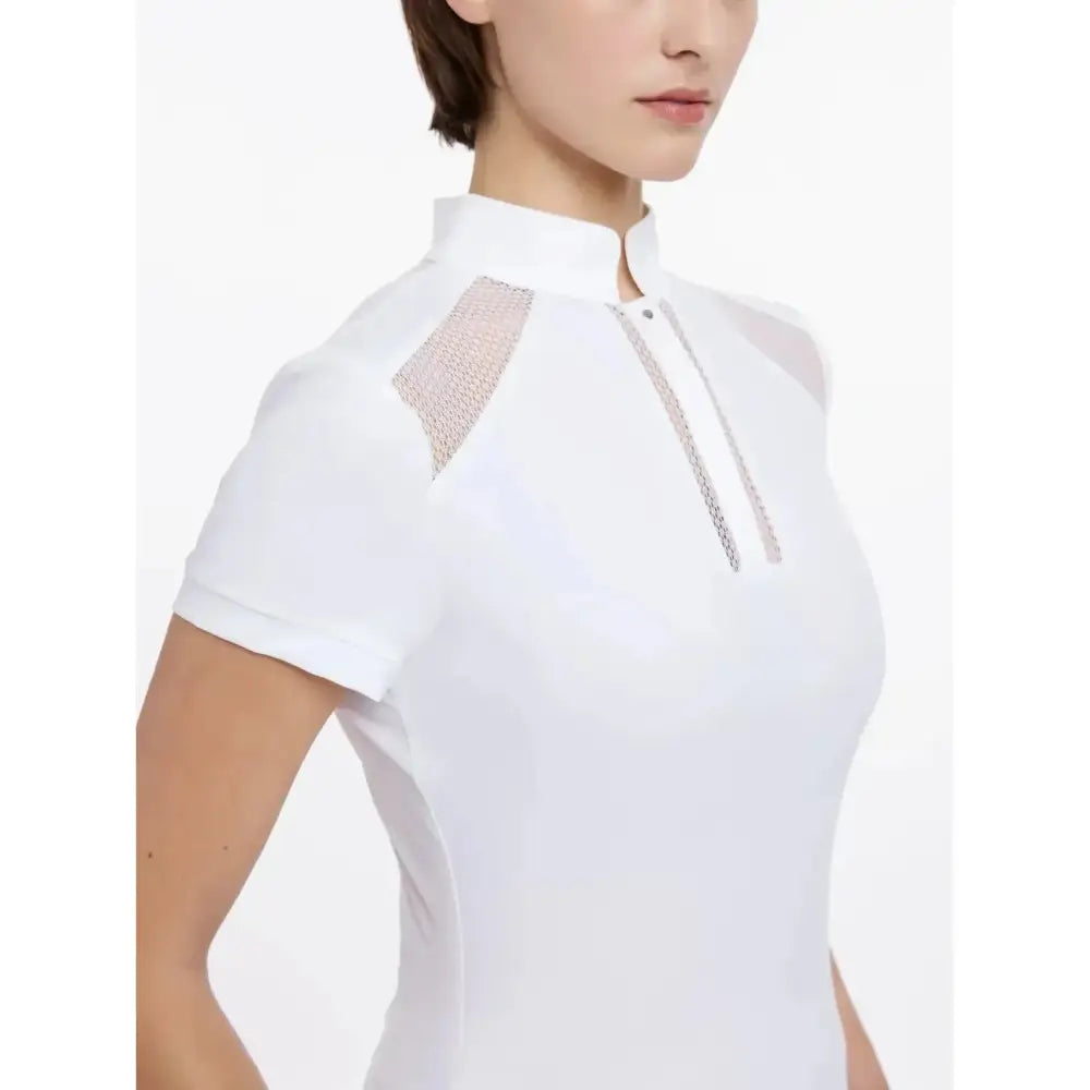 Lemieux camille short sleeve white polo with breathable lace mesh cut outs and silver zipper performance competition shirt