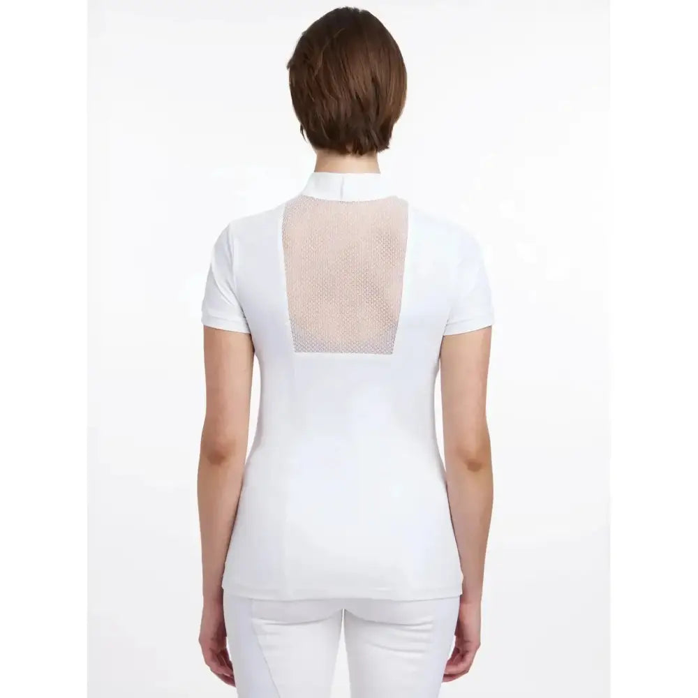 Back view of lemieux camille short sleeve white polo with breathable lace mesh cut outs for performance competition shirt