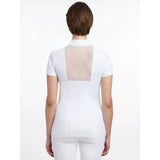 Back view of lemieux camille short sleeve white polo with breathable lace mesh cut outs for performance competition shirt