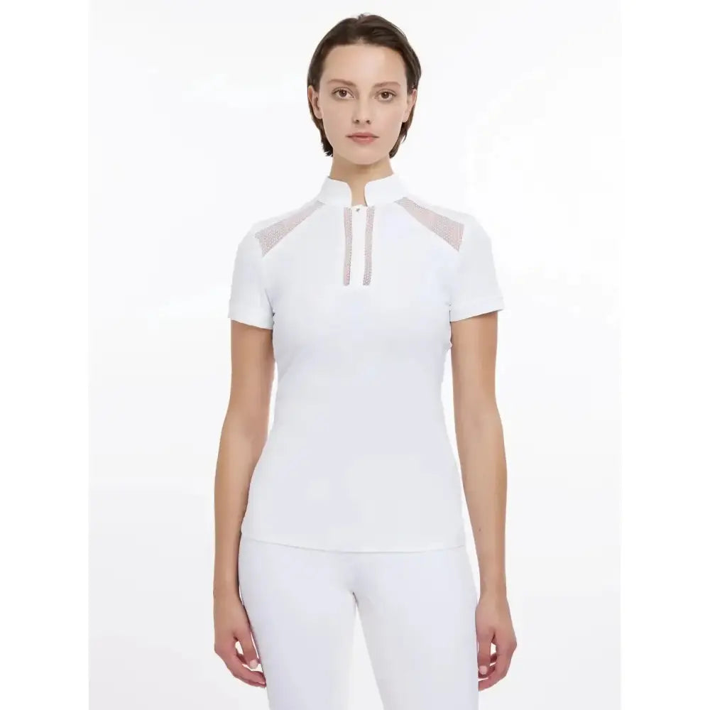 White lemieux camille short sleeve show shirt with breathable lace mesh cut outs and high collar for performance competition