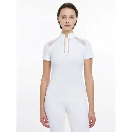 White lemieux camille short sleeve show shirt with breathable lace mesh cut outs and high collar for performance competition