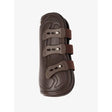 Brown leather lemieux capella strap tendon boots with three adjustable straps and silver buckles