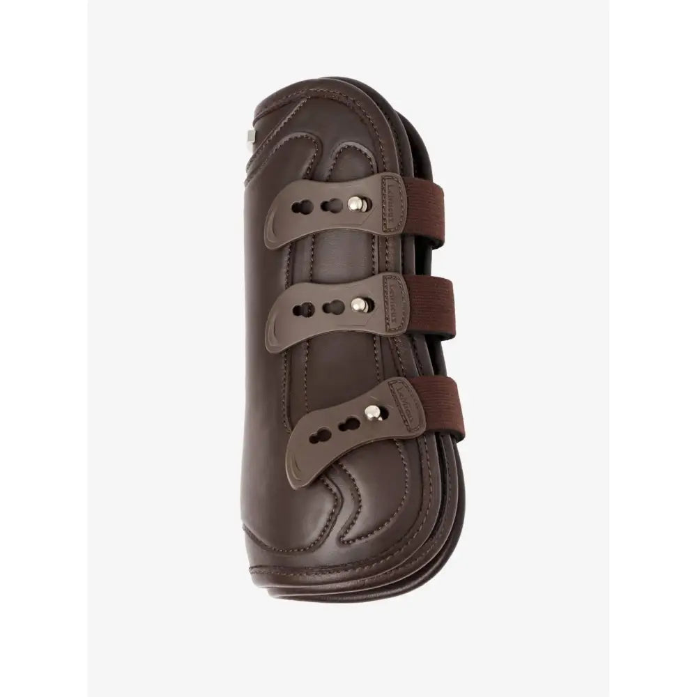 Brown leather lemieux capella strap tendon boots with three adjustable straps and silver buckles