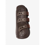 Brown leather lemieux capella strap tendon boots with three adjustable straps and silver buckles
