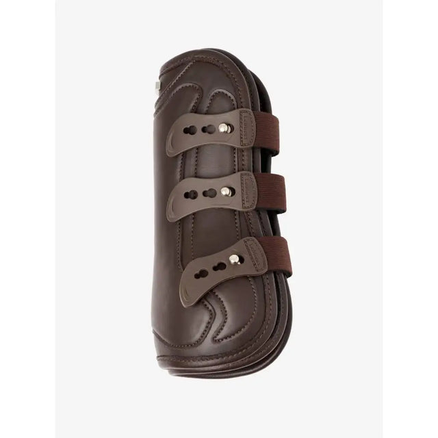 Brown leather lemieux capella strap tendon boots with three adjustable straps and silver buckles
