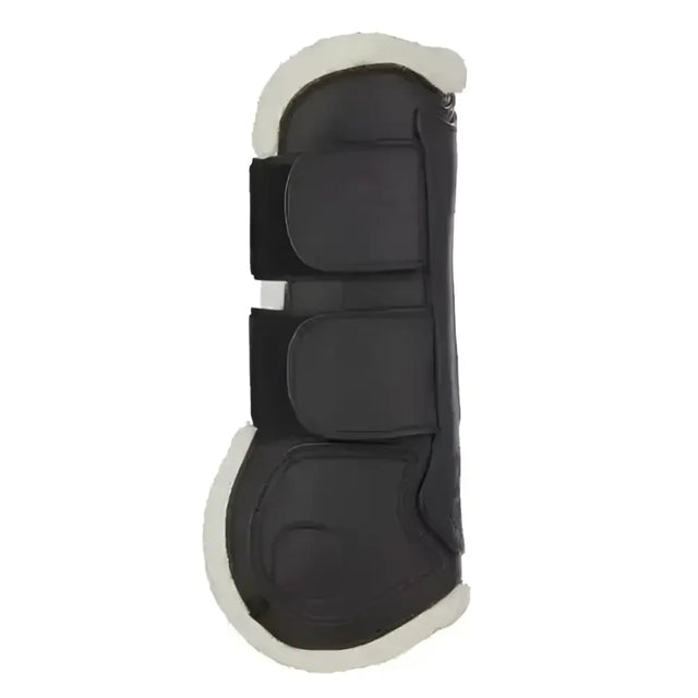 Black lemieux capella comfort tendon boot with white fleece lining and three adjustable straps for cutting edge protection