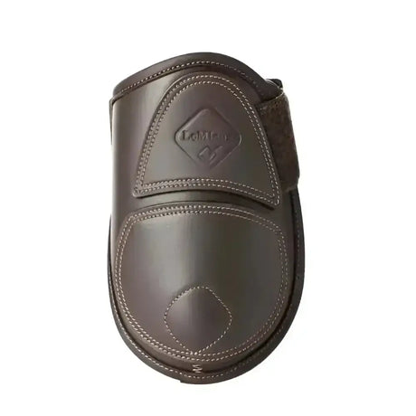 Dark brown leather lemieux capella fetlock boots with stitched detailing and branded logo for cutting edge protection