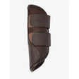 Brown lemieux capella leather brushing boots with perforated sections and two adjustable velcro straps