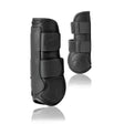 Black leather lemieux capella tendon boots with three adjustable straps and subtle logo for cutting edge protection