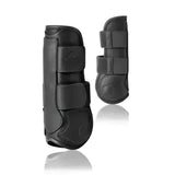 Black leather lemieux capella tendon boots with three adjustable straps and subtle logo for cutting edge protection