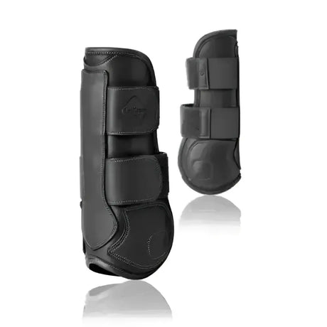 Black leather lemieux capella tendon boots with three adjustable straps and subtle logo for cutting edge protection