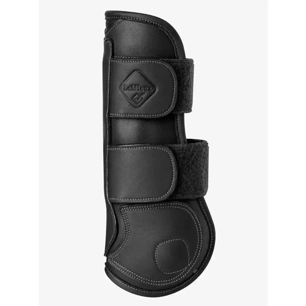 Black leather lemieux capella tendon boots with three velcro straps and diamond shaped logo for cutting edge protection